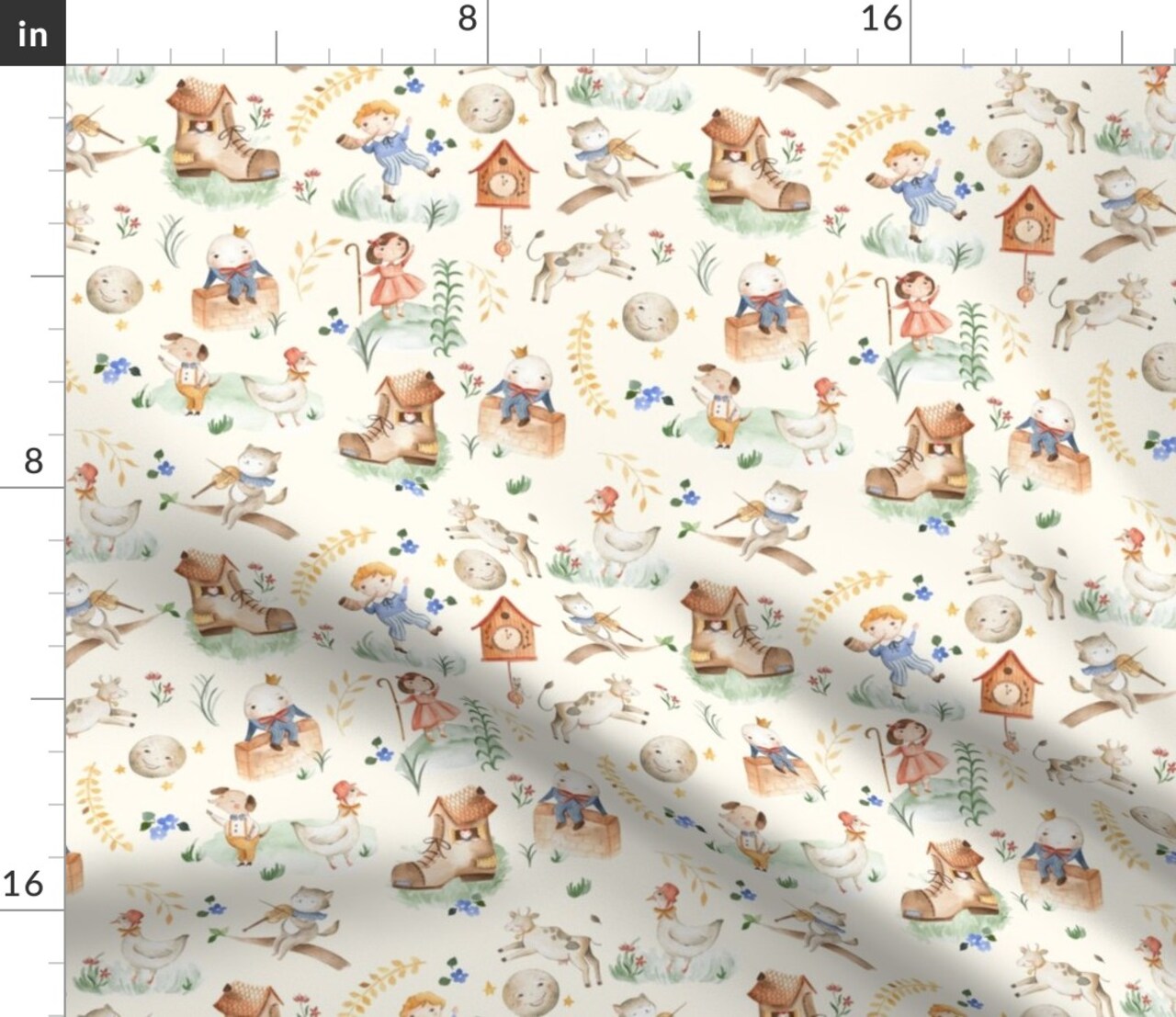 Mother Goose Animals Baby Kids Brown Green Cream Blue Moon Cow Custom Printed Fabric by Spoonflower Various Fabrics by the Yard or Fat Quarter